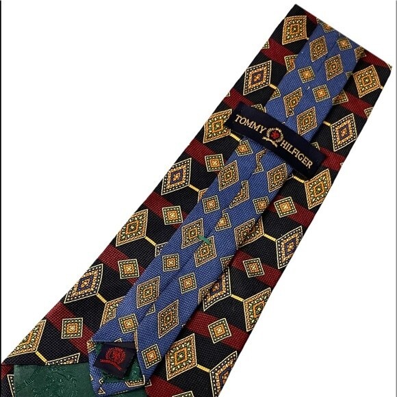 Tommy Hilfiger Tie.Diamond Pattern w/ Red and Blue Stripes.Imported Italian Silk - Picture 3 of 8